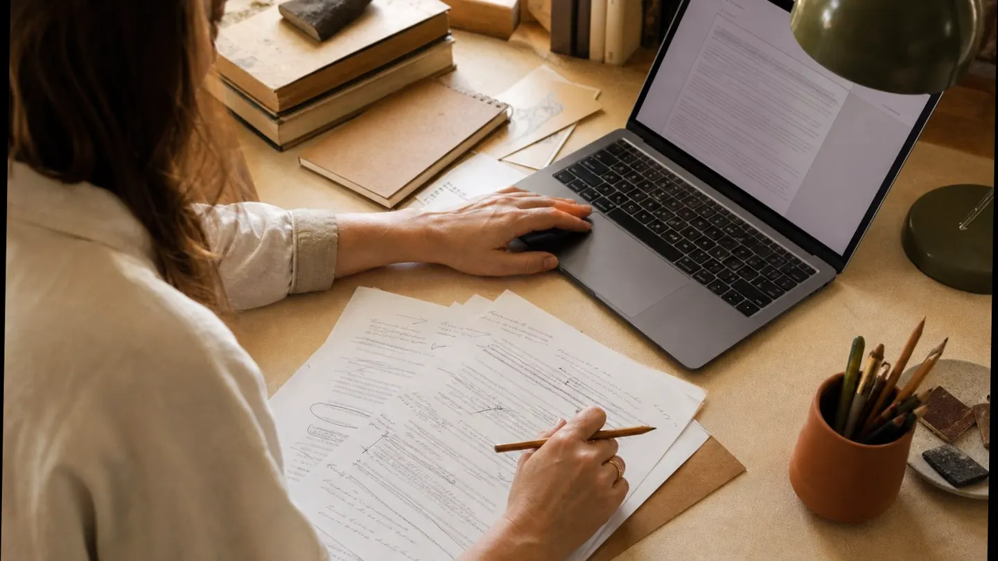 Rustige digitale werkplek met laptop, notities en beveiligde bestanden