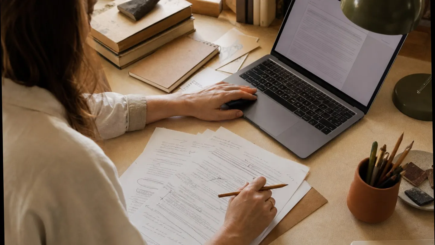 Rustige digitale werkplek met laptop, notities en beveiligde bestanden