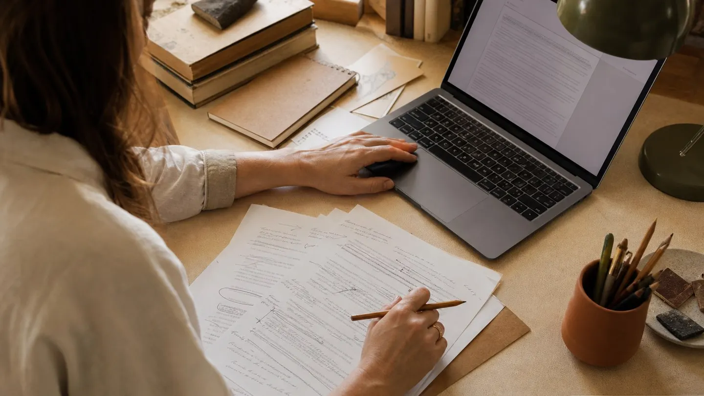 Rustige digitale werkplek met laptop, notities en beveiligde bestanden