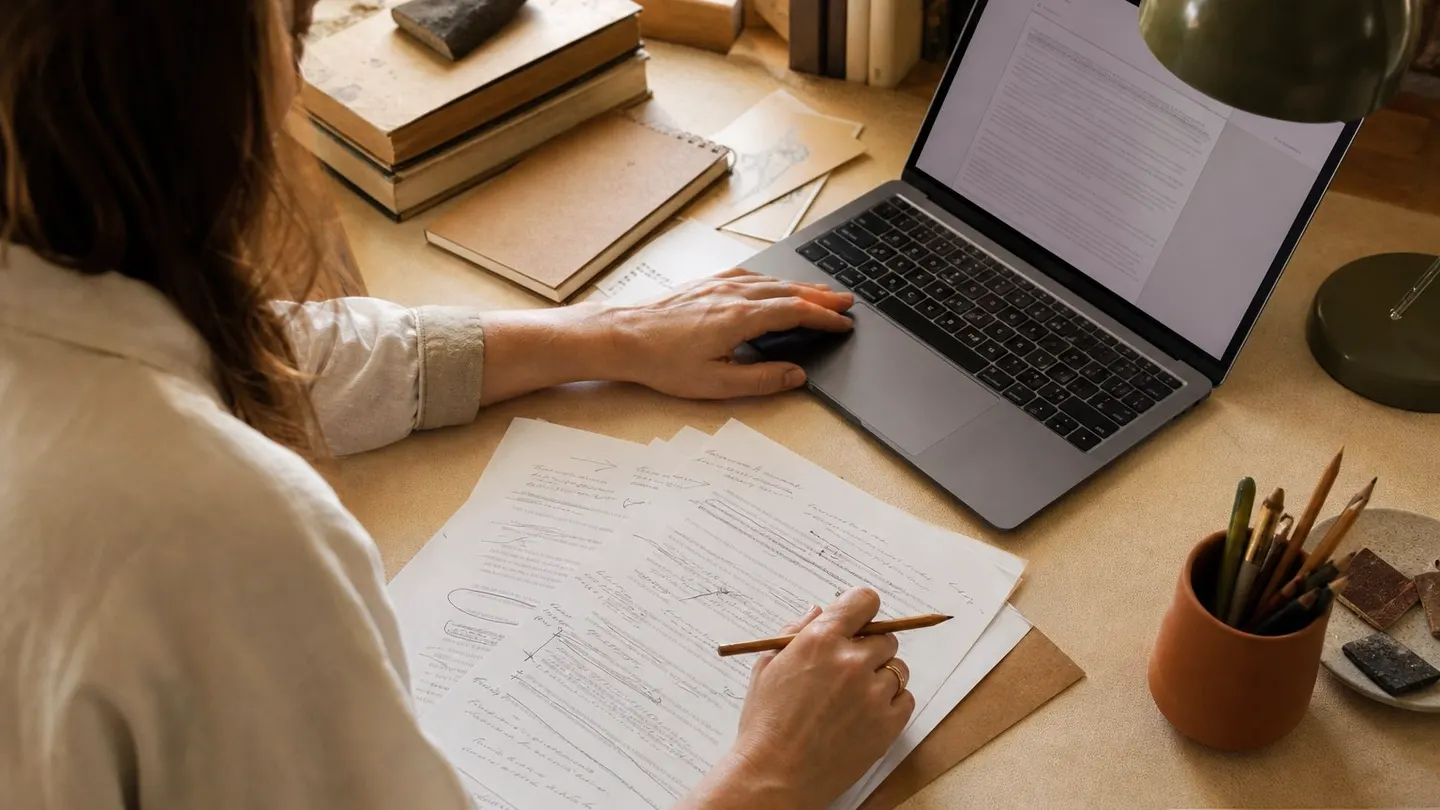 Rustige digitale werkplek met laptop, notities en beveiligde bestanden