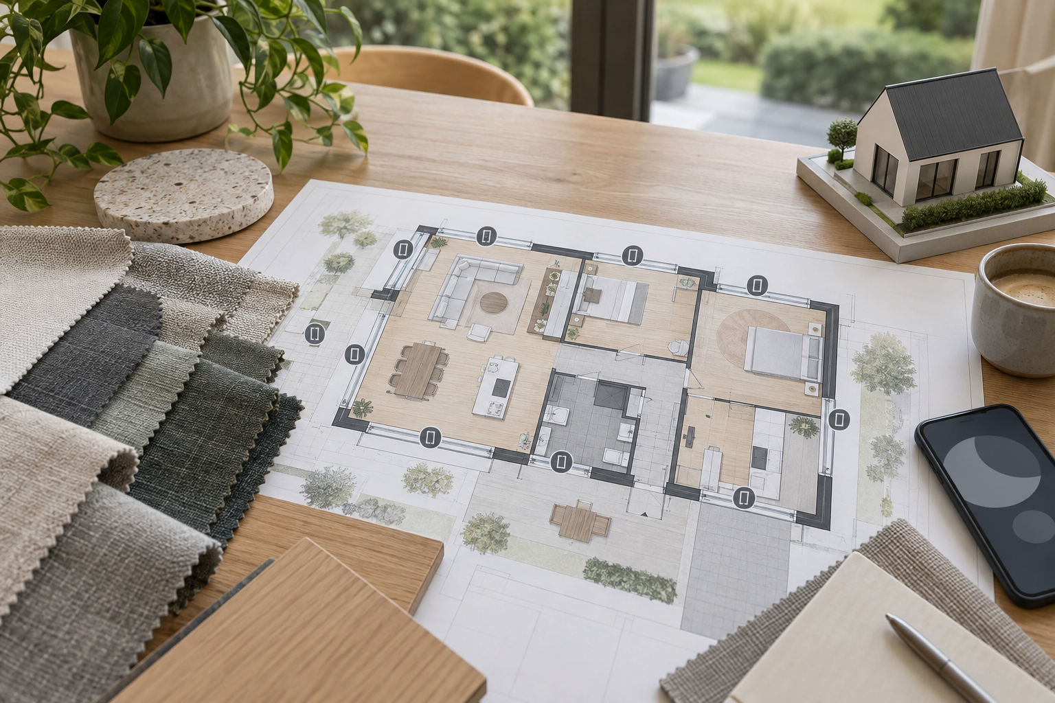 Illustratie: woningtekening met doekstalen en bedieningspunten
