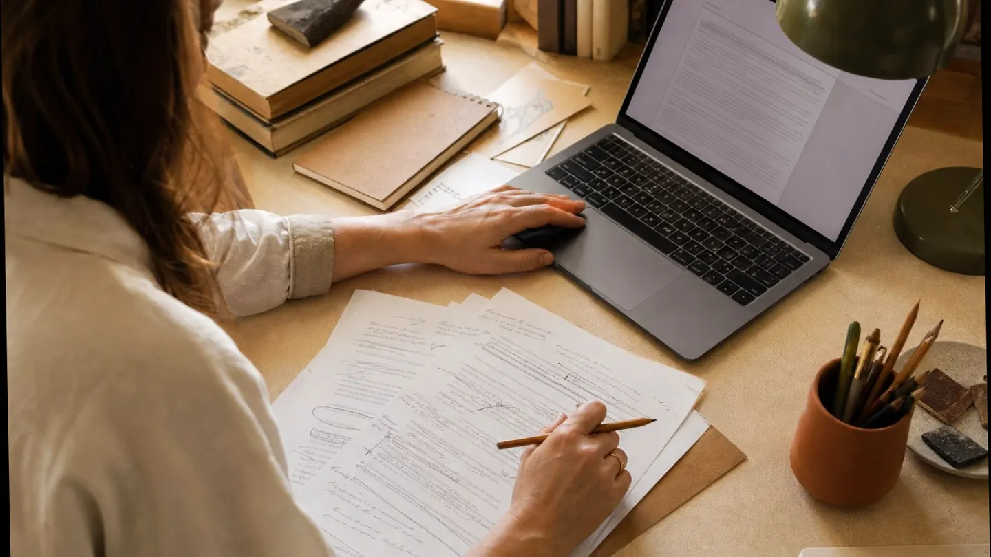 Rustige digitale werkplek met laptop, notities en beveiligde bestanden